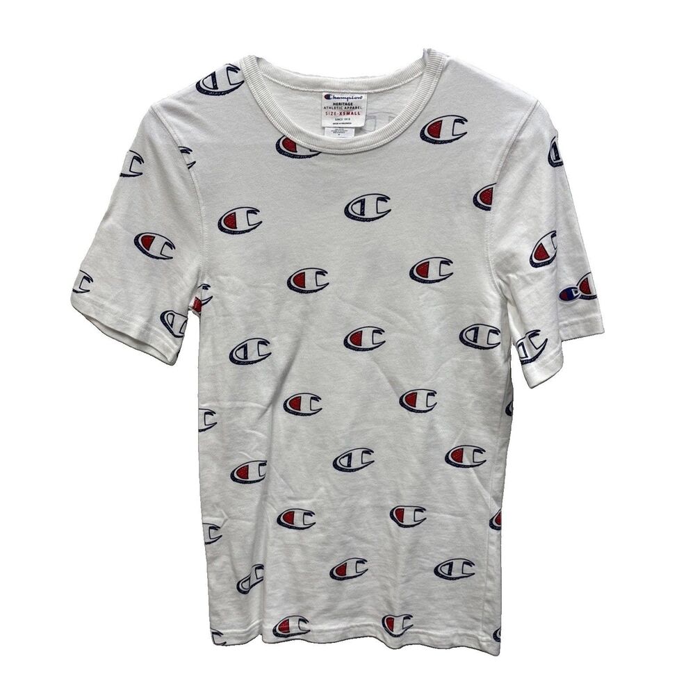 Champion Heritage All Over Logo T Shirt XS White Cotton Stretch Pullover